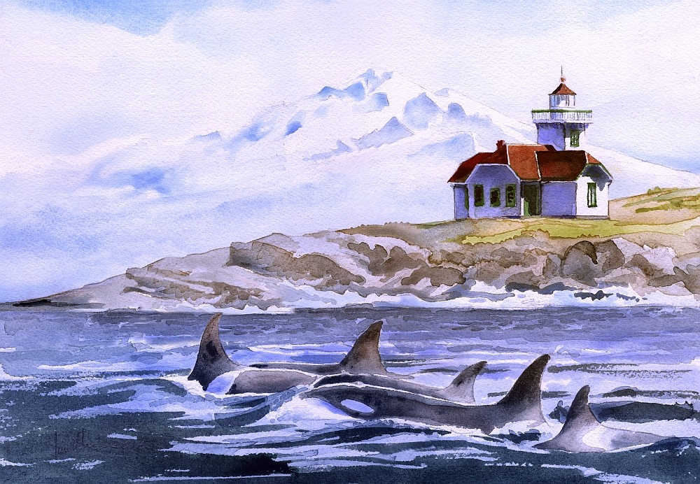 Patos Island Lighthouse, Mt. Baker & Orcas, Washington. James Mann Art Notecards
