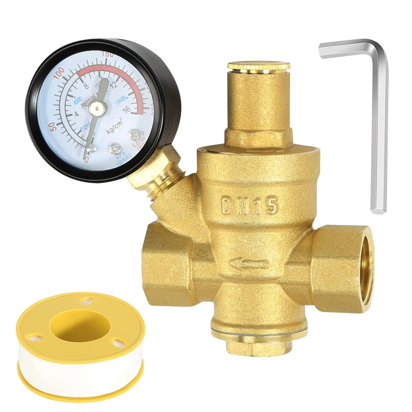 Water Pressure Regulator 1/2 Inch with Gauge, Made of 100% High Hardness Brass,
