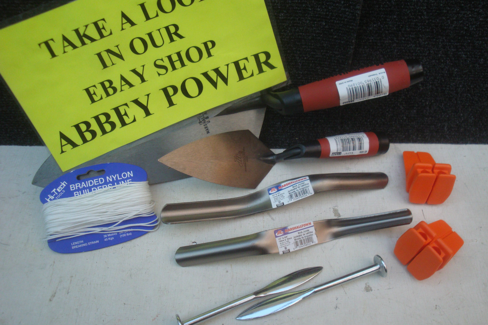 MARSHALLTOWN 19D 11"  & 45D 6" TROWELS JOINTERS BLOCKS LINE & PINS