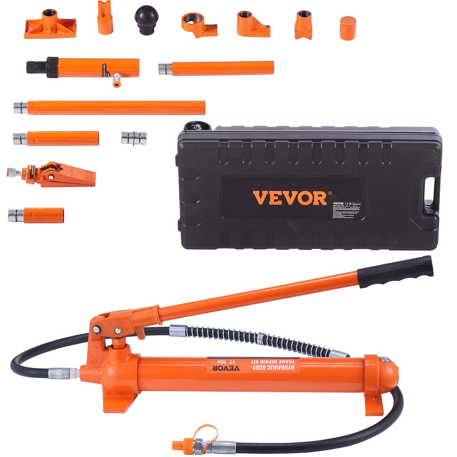 12 Ton Porta Power Kit, Hydraulic Ram with Pump and 4.6 ft Oil Hose for Garage