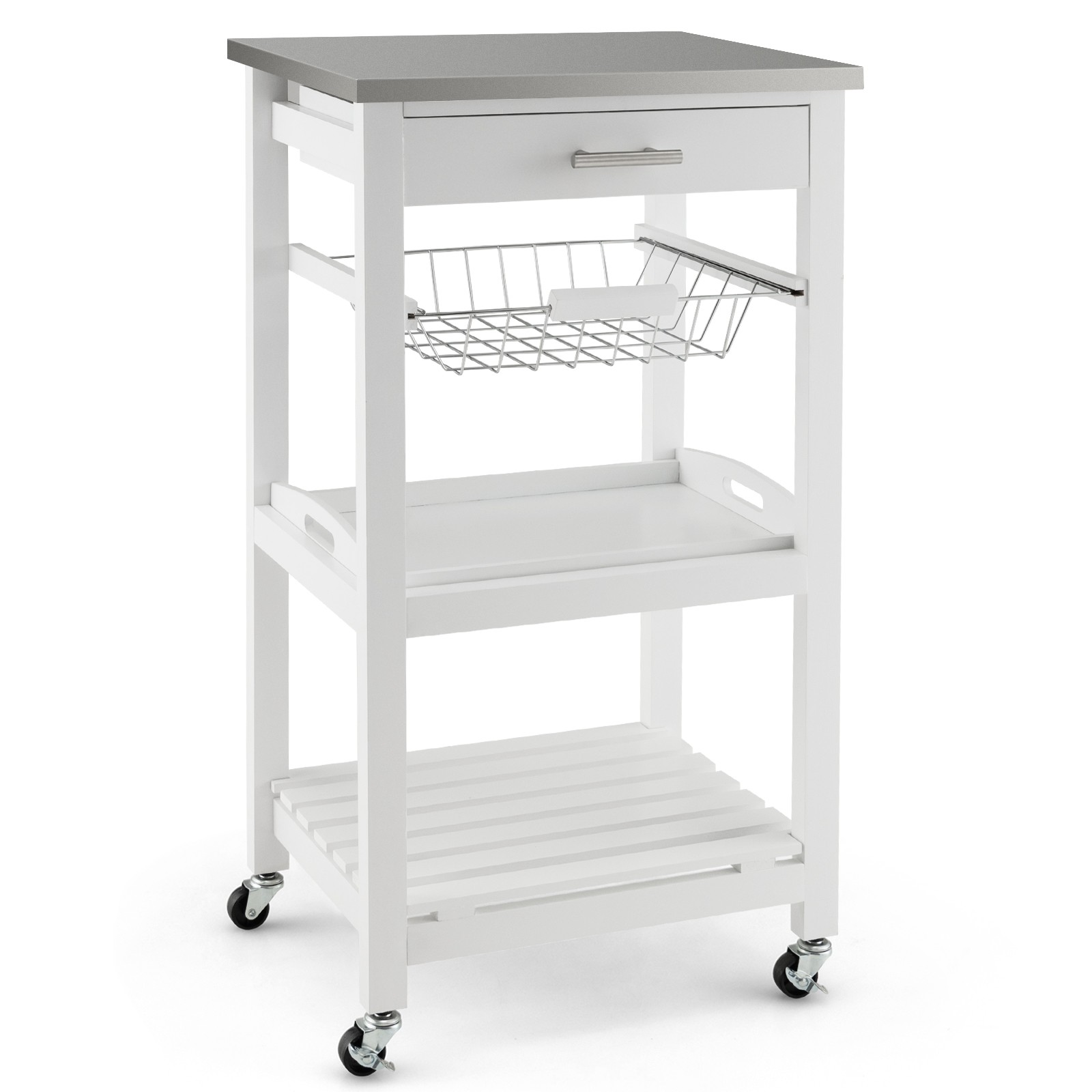 Compact Kitchen Island Cart Rolling Service Trolley with Storage Basket