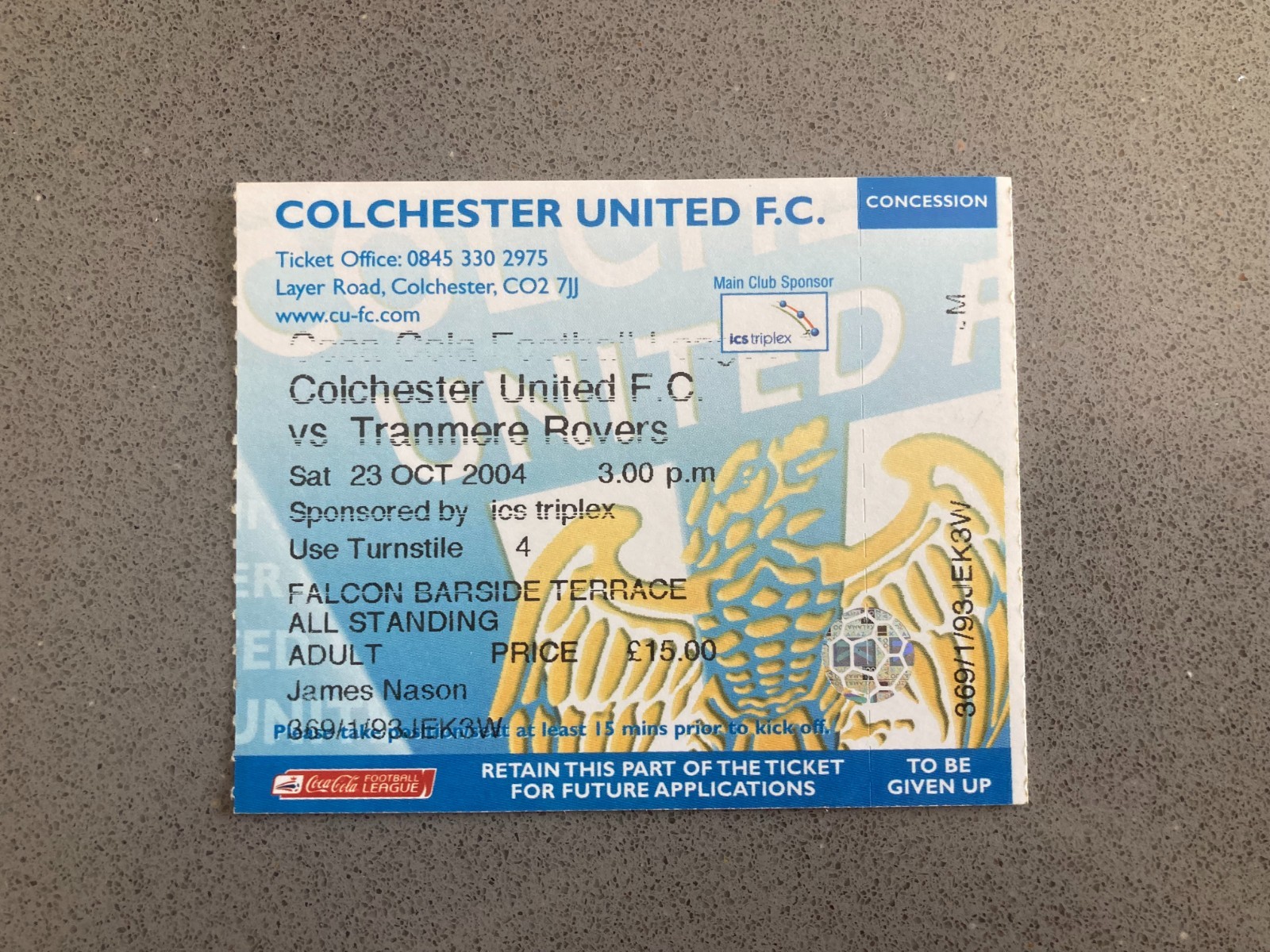 Colchester United v Tranmere Rovers 2004-05 Match Ticket