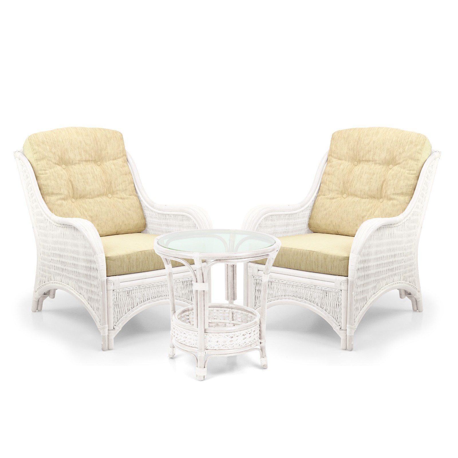Living Jam Set of 2 Lounge Rattan Chairs w/Cushions and Coffee Table, White