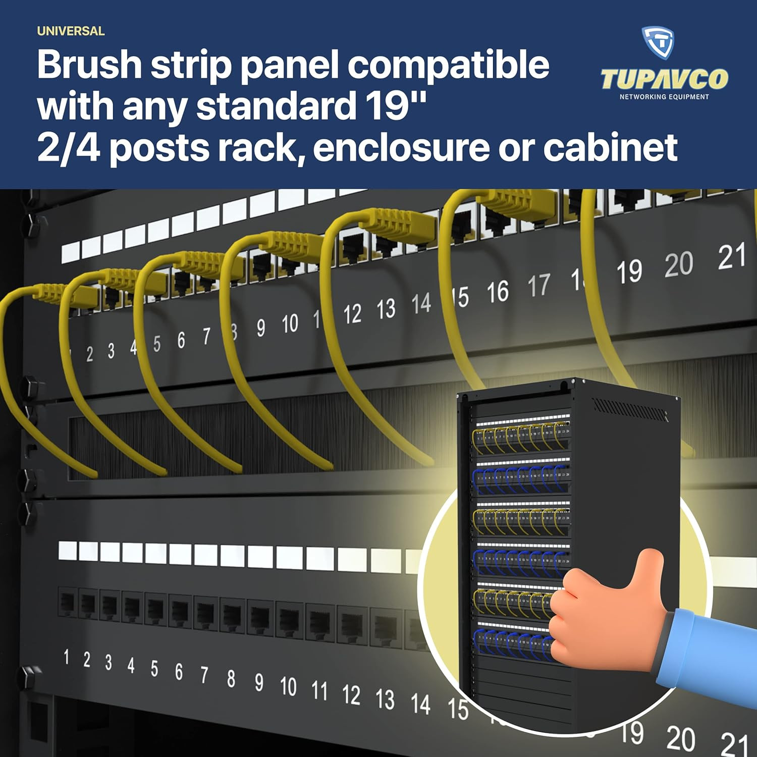 19" Rackmount Brush Panel (2-Pack) for Cable Management and Airflow Efficiency