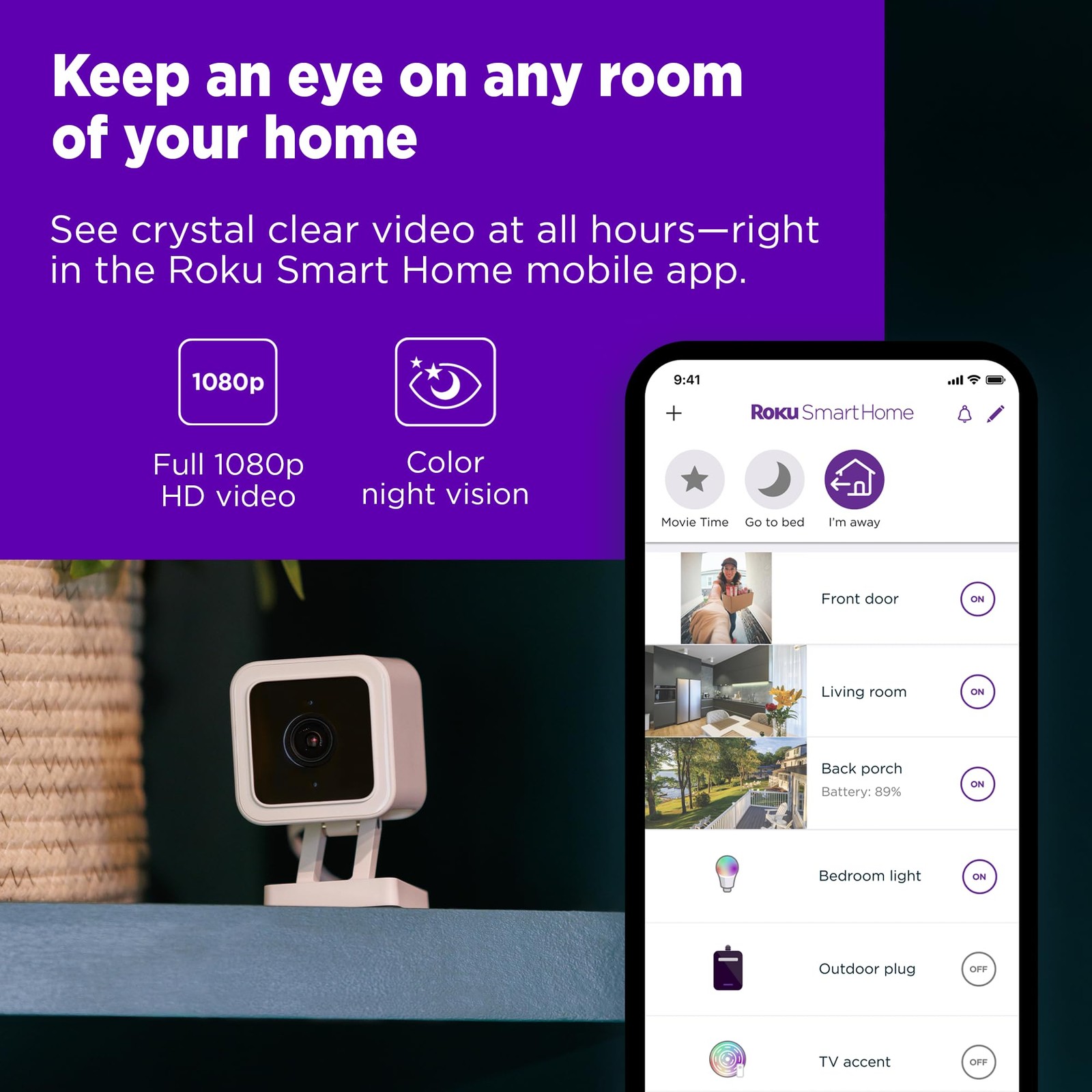 Roku Indoor Camera for Home Security, 2-Pack - Wired Security Camera with 1080p