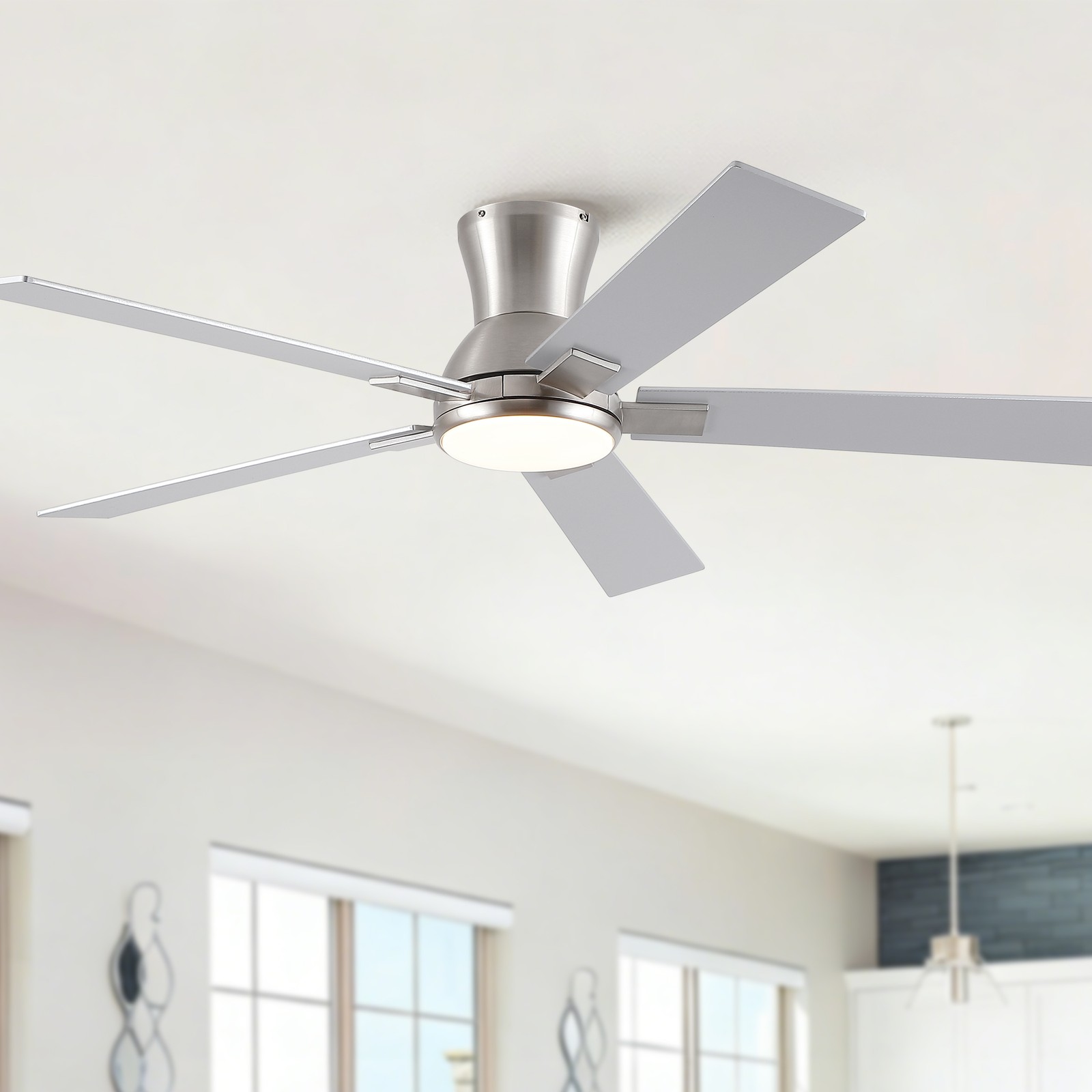 52" Modern Brushed Nickel Finish Reversible Quiet Motor Ceiling Fan with Light