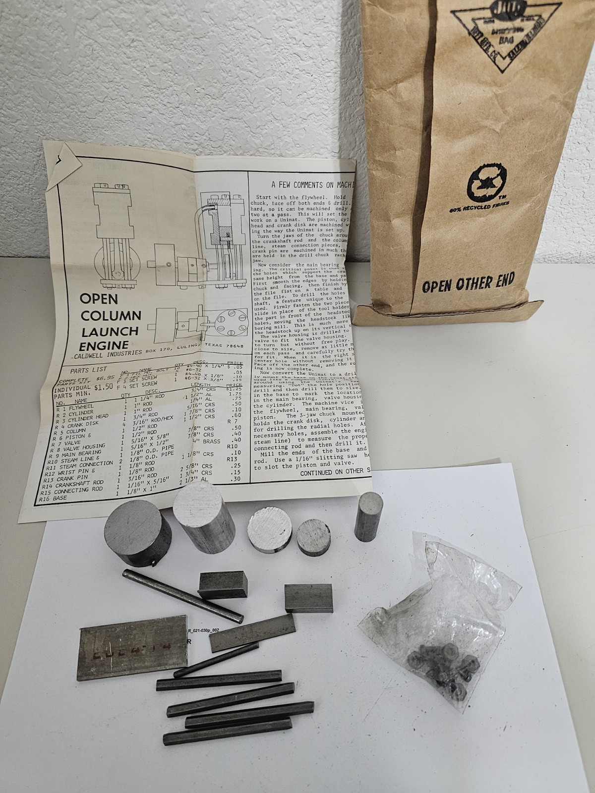Caldwell Industires Open Column Launch Engine Kit and Plans Missing Brass Pipe