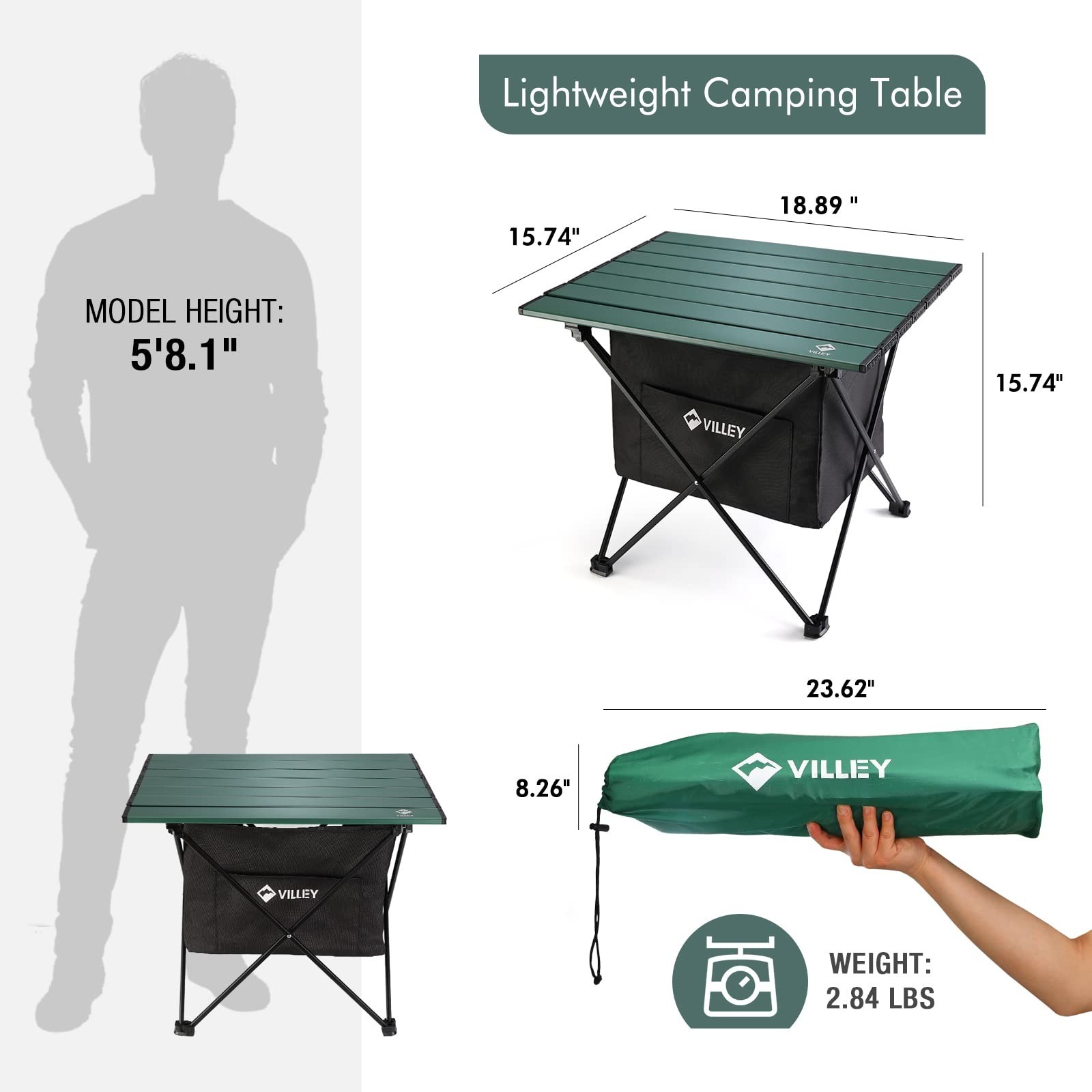 VILLEY Portable Camping Side Table, Ultralight Aluminum Folding Beach Table w...