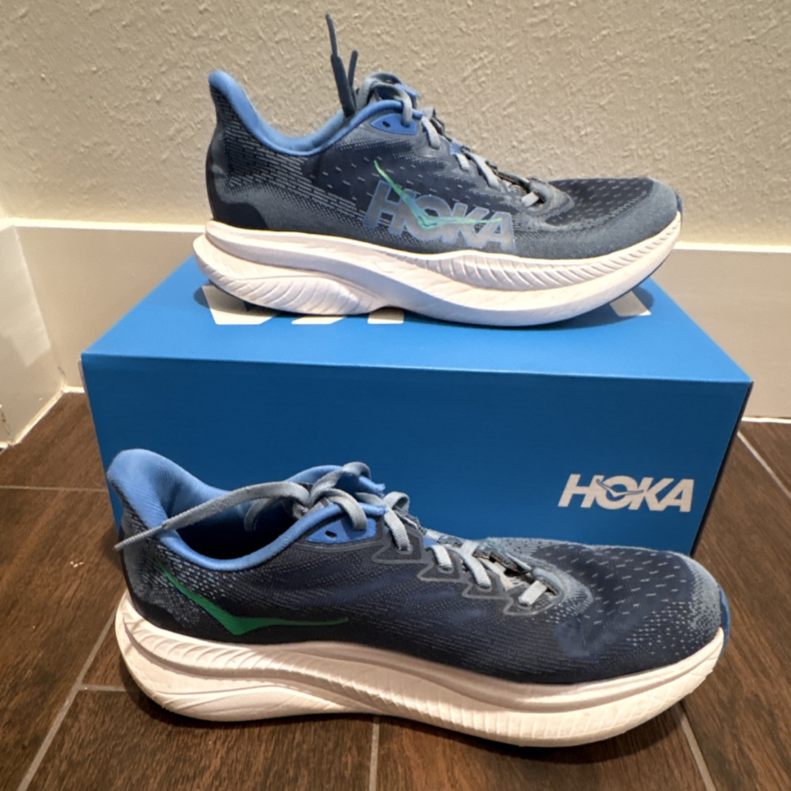 Hoka One One Mach 6 Men's Running Shoes Blue White Breathable Mesh US 9D