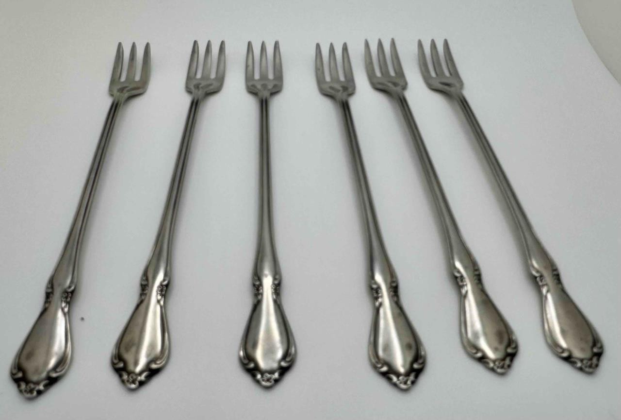 6 - Oneidacraft Deluxe Chateau Stainless Cocktail Forks -  6" with Gloss Finish