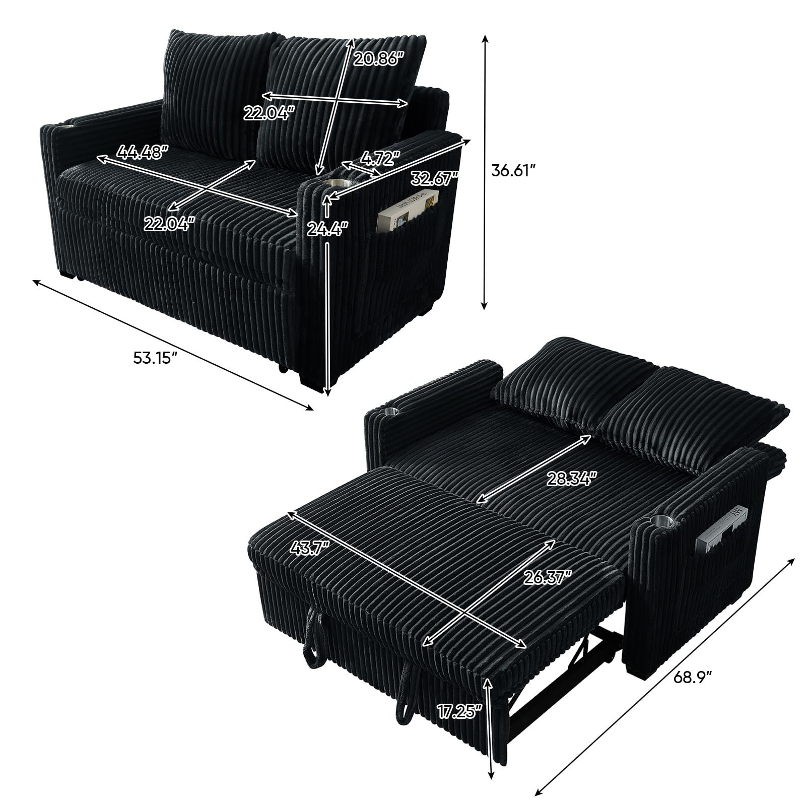 Pull Out Sofa Bed Convertible Corduroy Loveseat USB Charging Adjustable Black