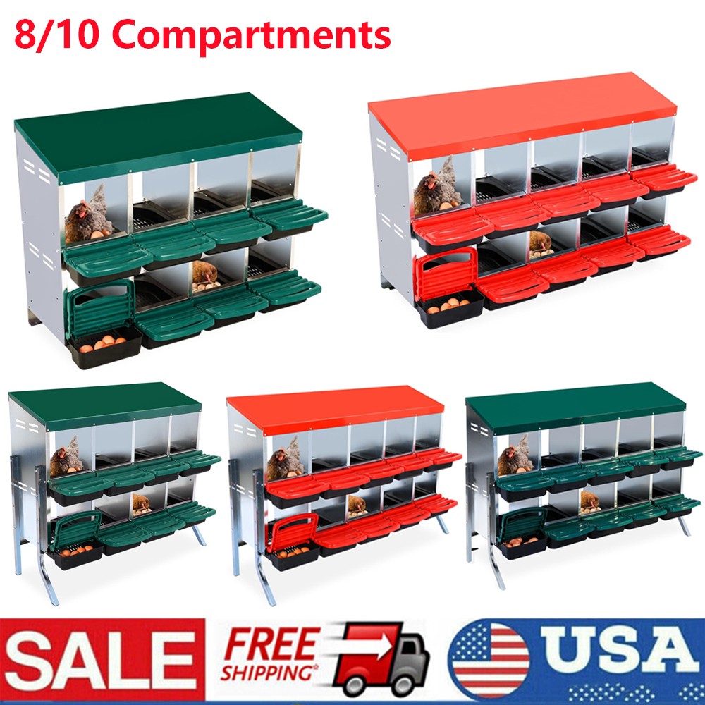 8/10 Compartment 2-Tier Chicken Nesting Boxes Coop Metal Chicken Egg Laying Box