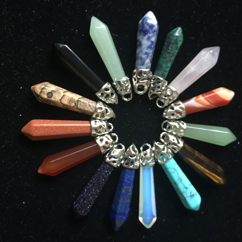 10Pcs Natural Gemstone Long Hexagonal Pointed Reiki Chakra Pendant Charm USA