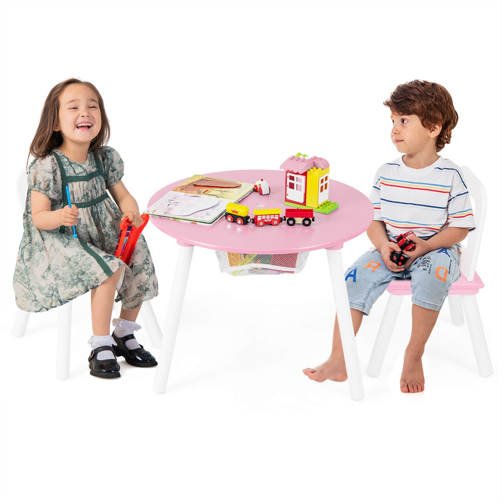 Costway Kids Wooden Round Table & 2 Chair Set w/ Center Mesh Storage Pink