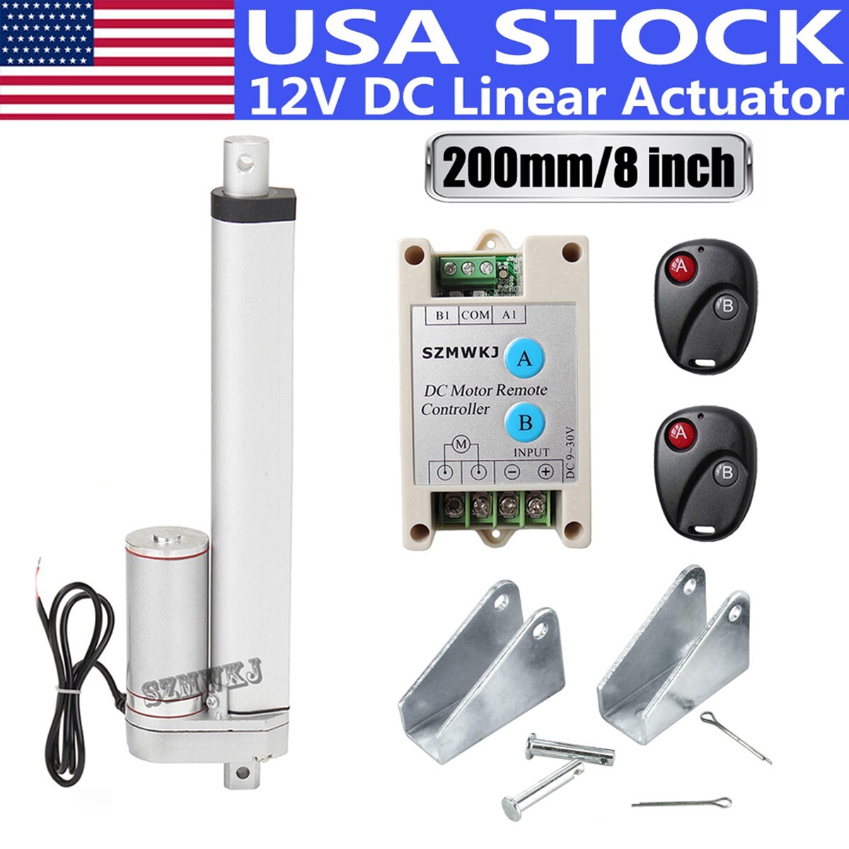 Heavy Duty 8" Stroke Linear Actuator &Remote &Brackets 330 Pound Max Lift DC 12V