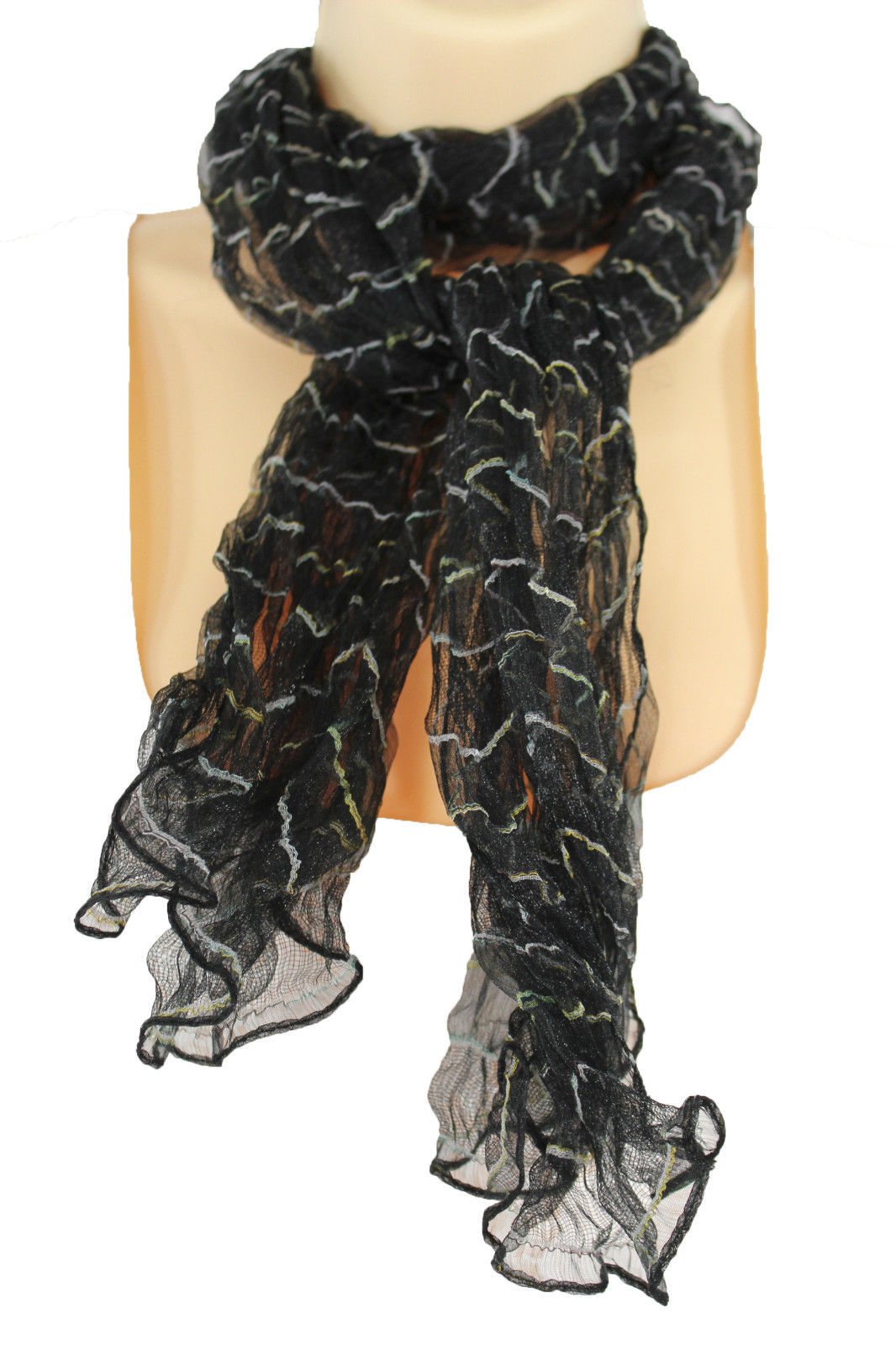New Women Fashion Neck Scarf Sheer Fabric Light Long Striprs Black White Wrap
