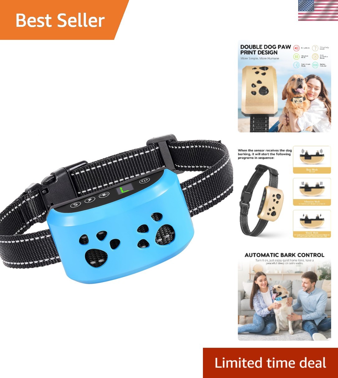 Smart Dog Bark Collar Waterproof, USB Rechargeable, 4 Training Modes Light Blue