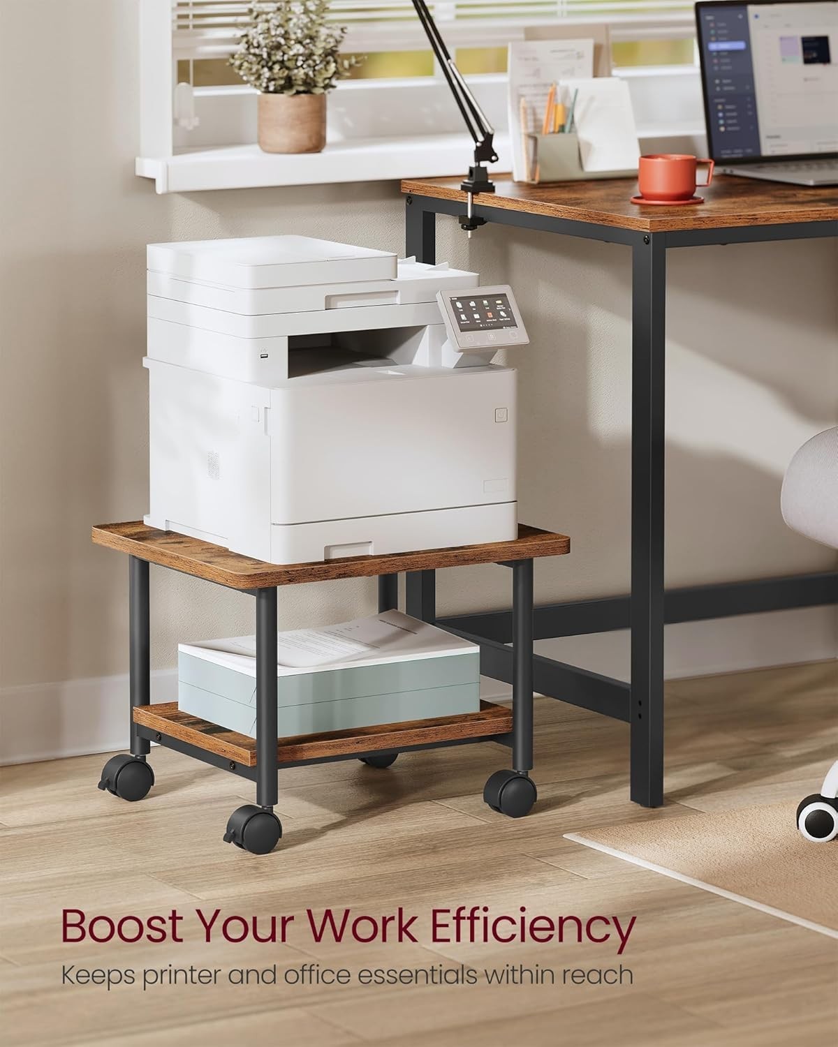 Compact 2-Tier Printer Cart with Lockable Wheels - Durable Home Office Solution