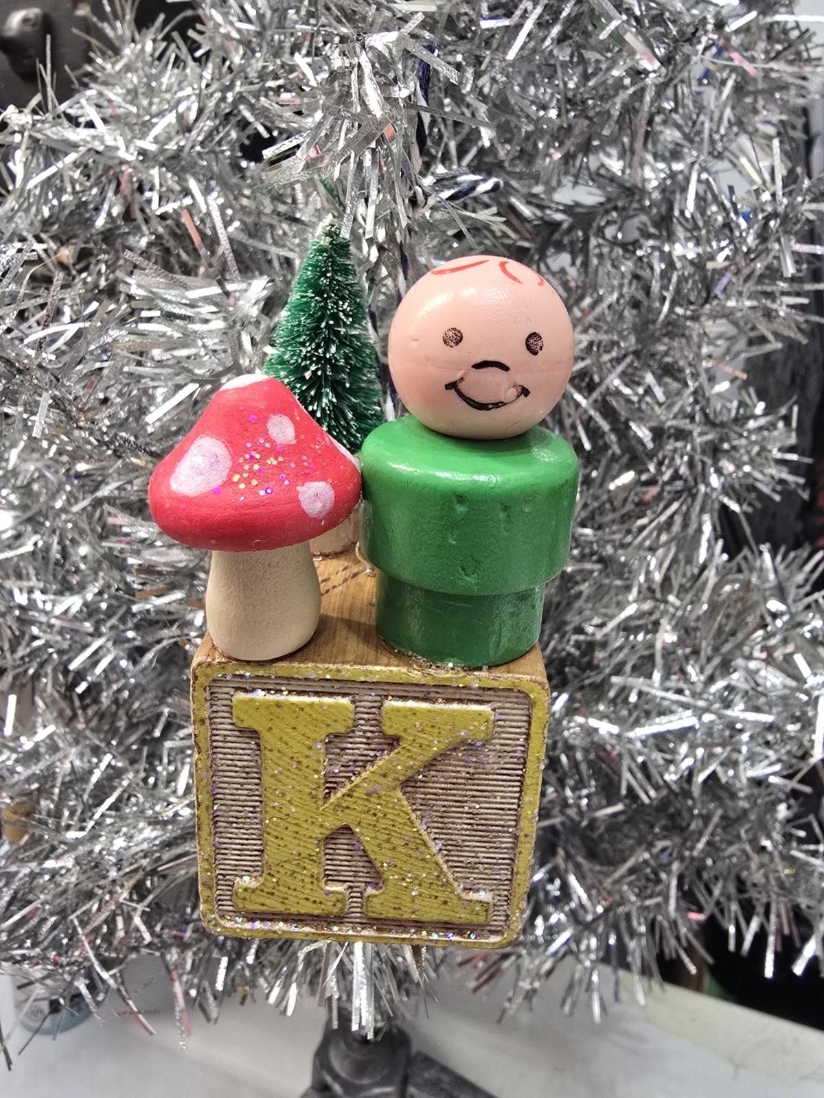 Vintage building block  Fisher Price Little People Christmas Ornament Letter K