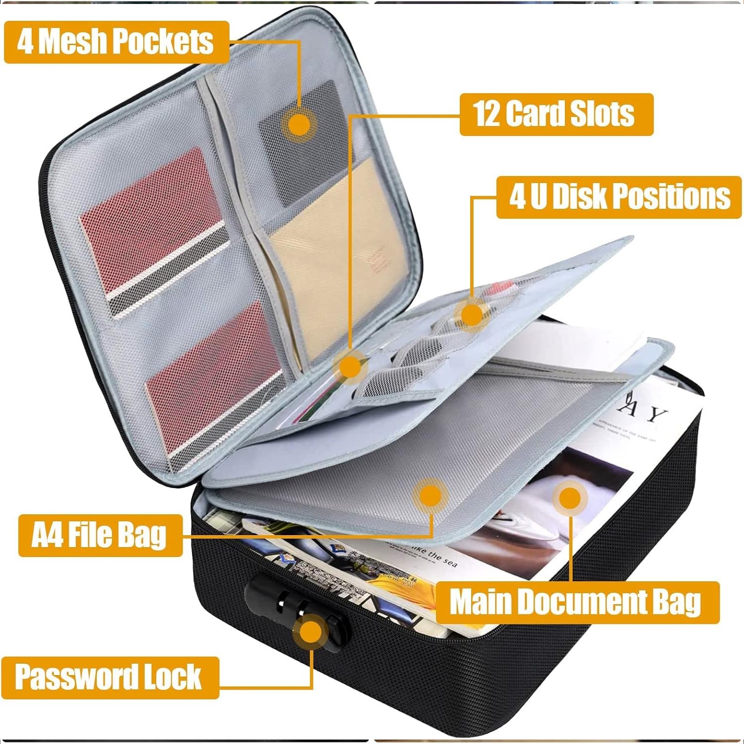 Fire Proof Waterproof Document Box with Lock File Storage Organizer Box Safe Bag