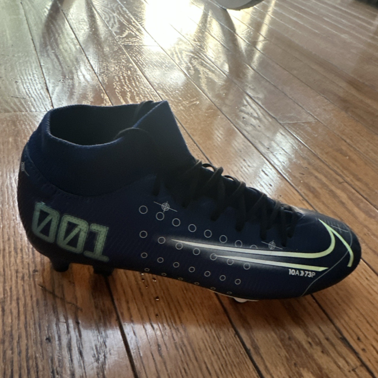 Nike MDS Navy Blue Light Green Graphic Print Mid Top Soccer Cleats Plastic