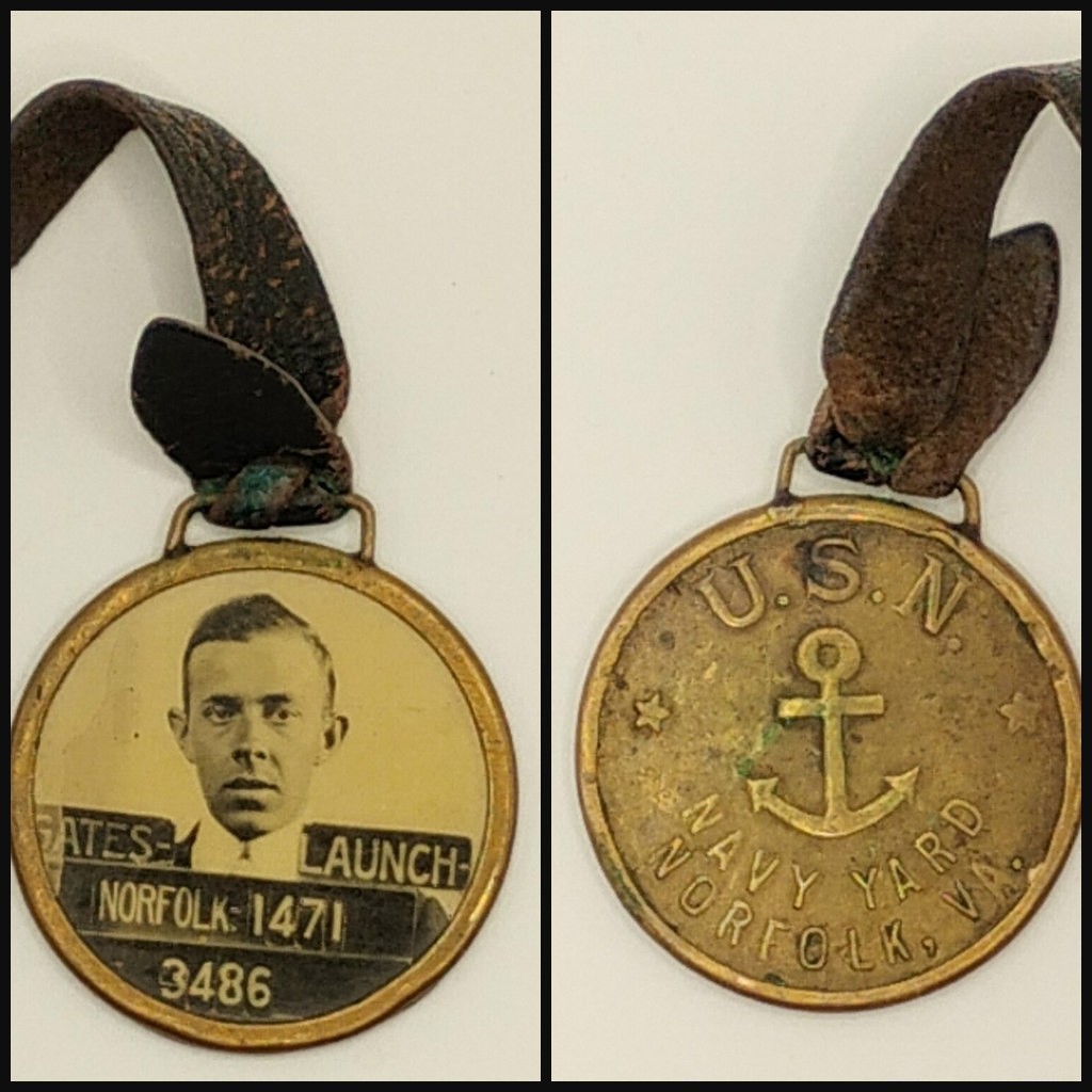 Antique WWII  Brass  Photo ID Badge US Navy Yard Norfolk Virginia