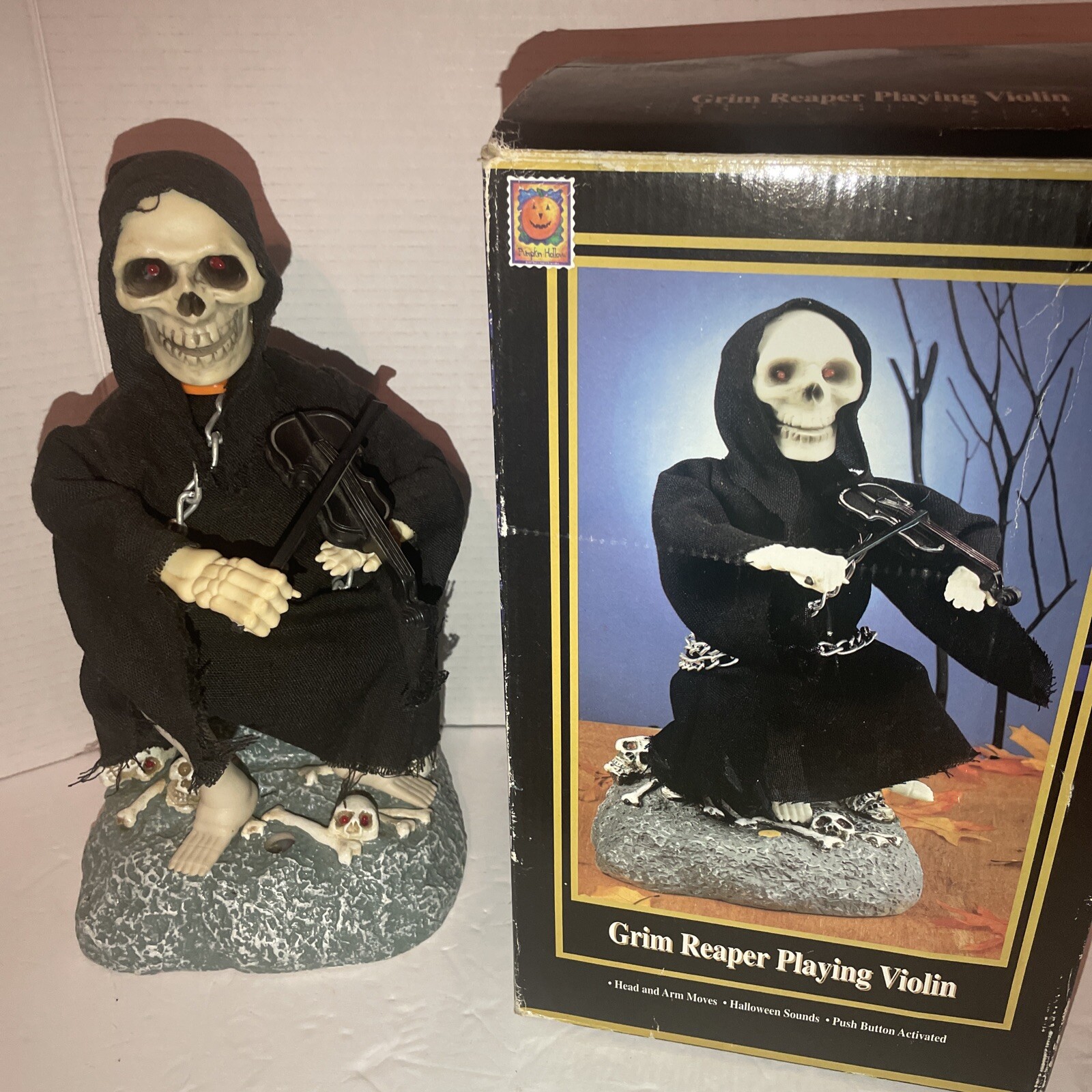 Vintage Halloween Grim Reaper Playing Violin Gemmy Sound And Lights Work Decor