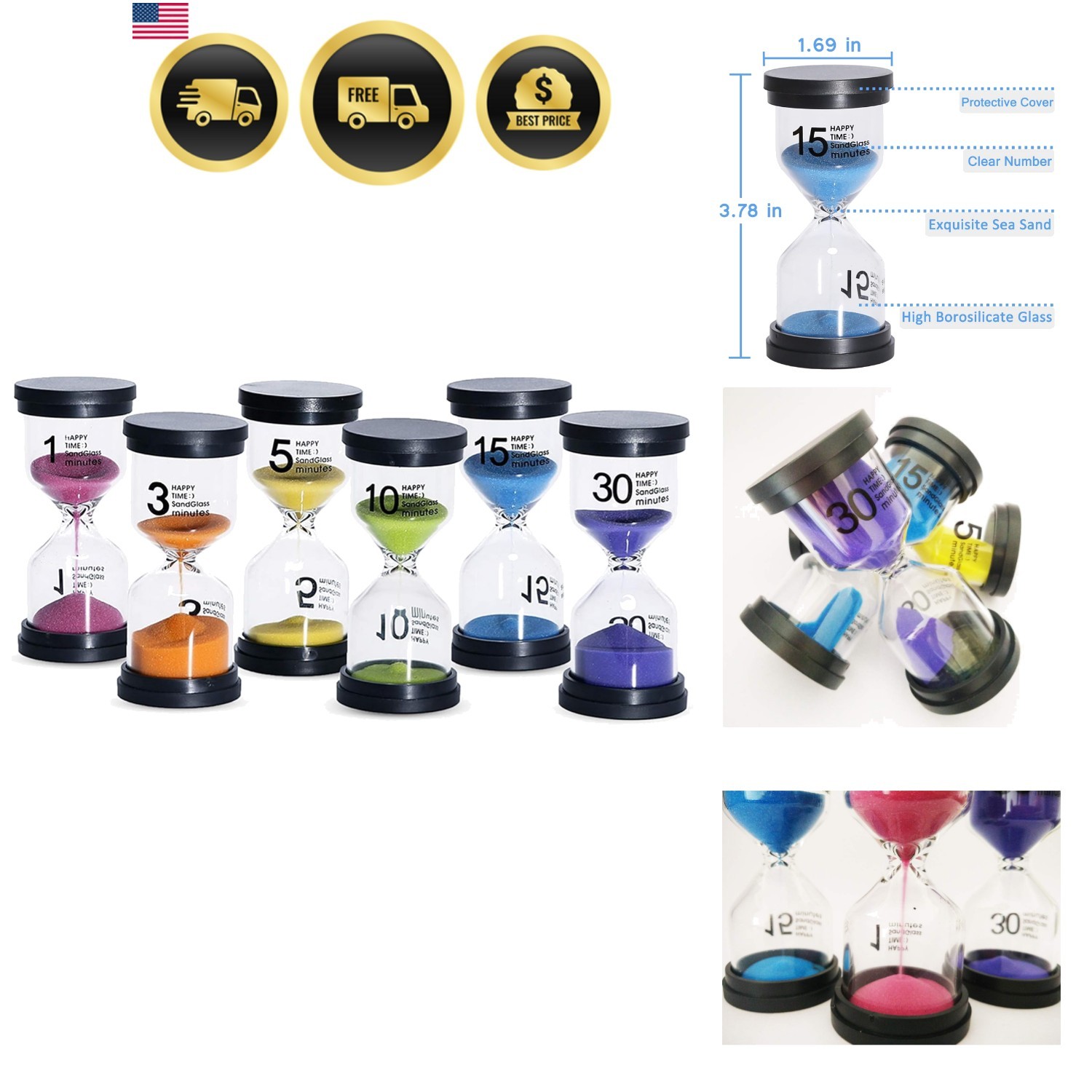 Sand Timer 6 Colors Hourglass 1/3/5/10/15/30 Minutes Sandglass Timer Sand Clo...