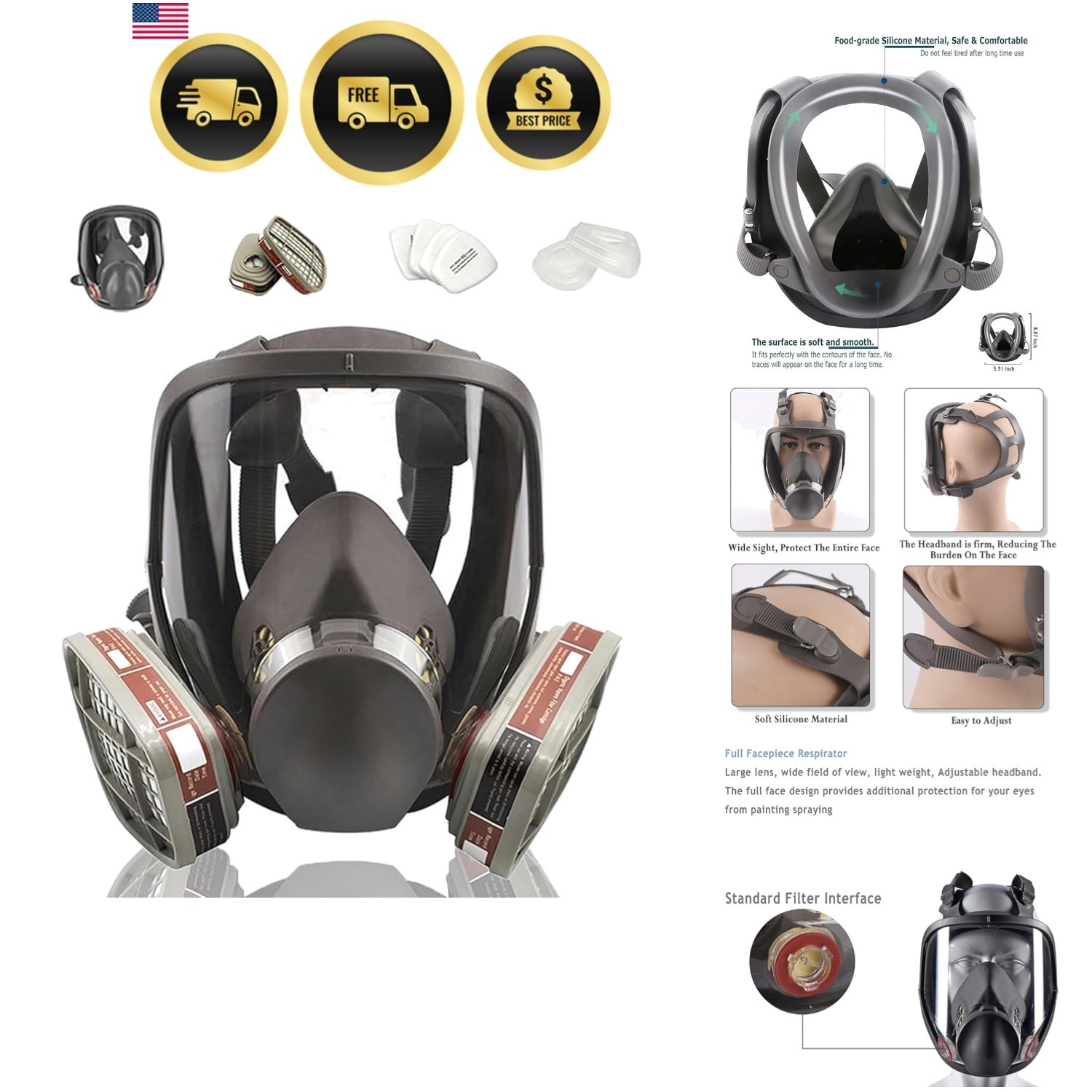 Reusable Full Facepiece, Full Face Cover Protection from Dust and Organic Vap...