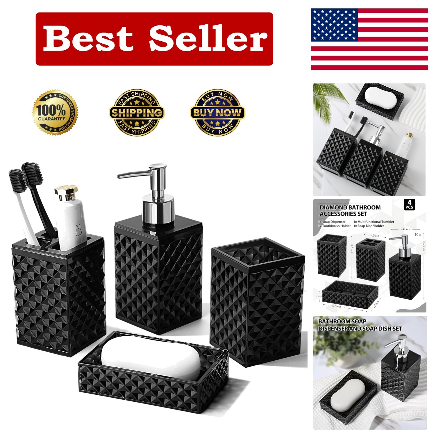 Black Bathroom Accessories Set, 4 Pack Matte Black Bath Accessory Sets Comple...