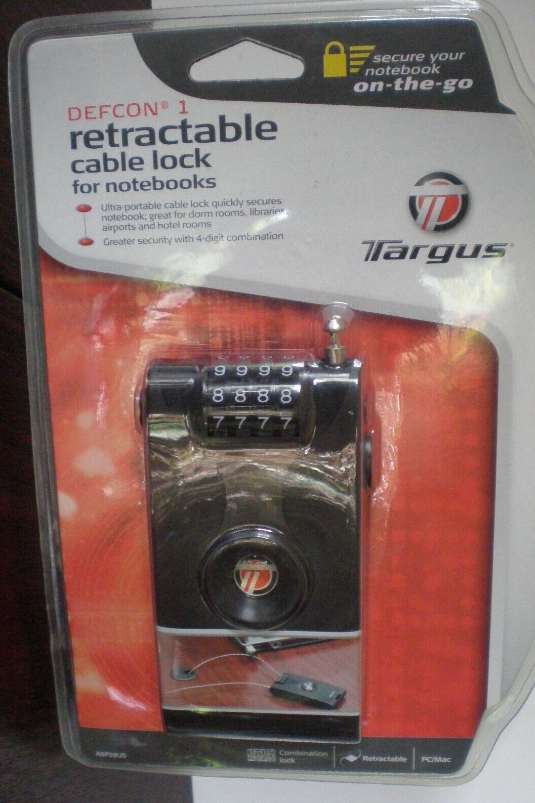 Targus Defcon PC/MAC Notebook Cable Retractable Lock Combination Lock