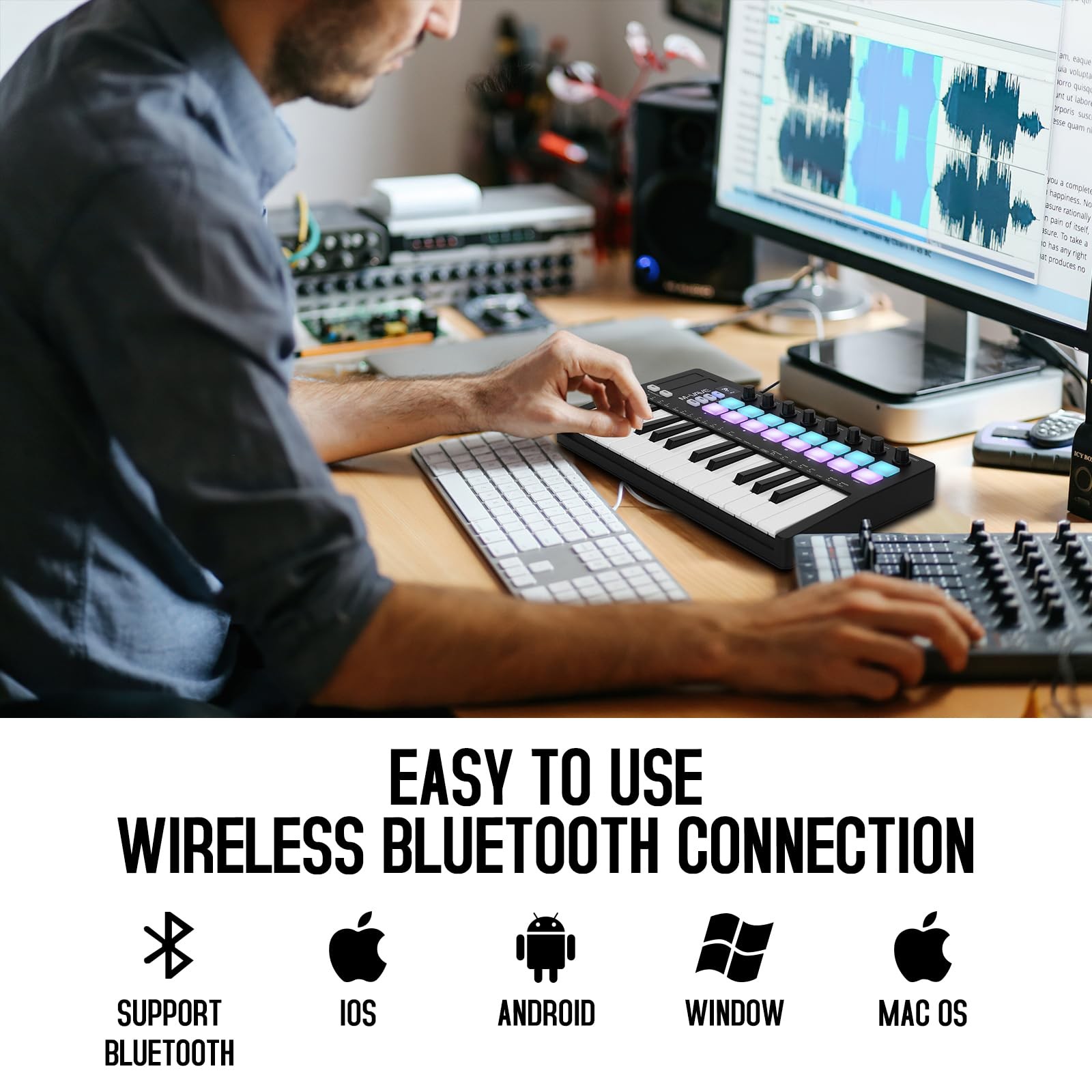 25 Key USB MIDI Keyboard Controller With 16 Backlit Drum Pads, Bluetooth Semi...