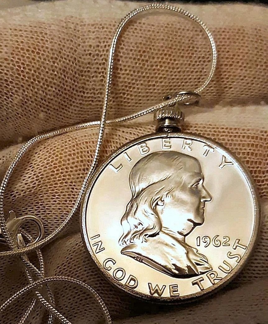 1962 - PROOF LIKE Franklin 50C Silver Half Dollar Coin with .925 Necklace
