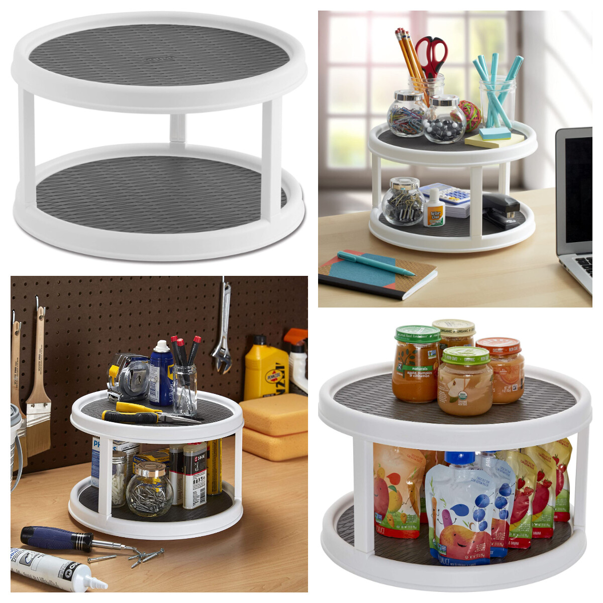 Copco Non-Skid 2-Tier Pantry Cabinet Lazy Susan Turntable 12 Inch White/Gray
