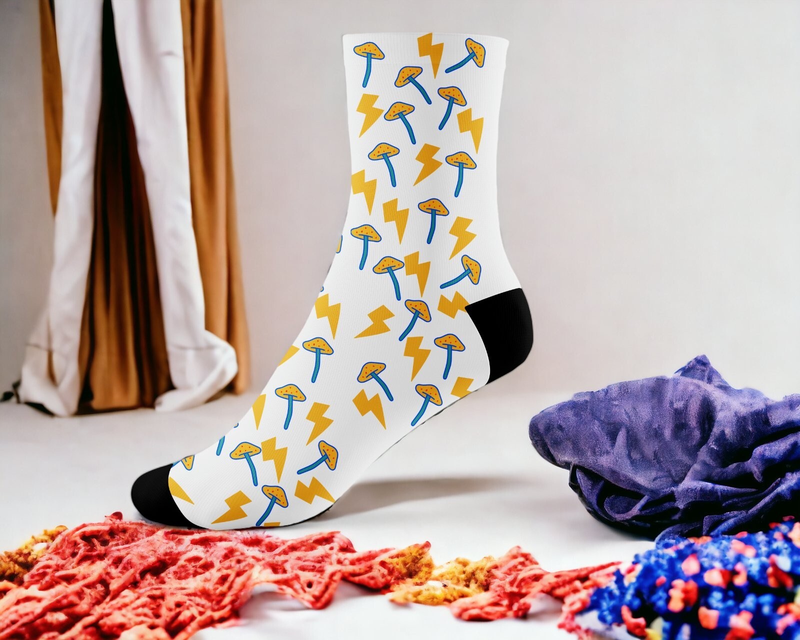 Hand-Printed Socks - Toadstool & Lightning Bolt Design - Unique Novelty One Size