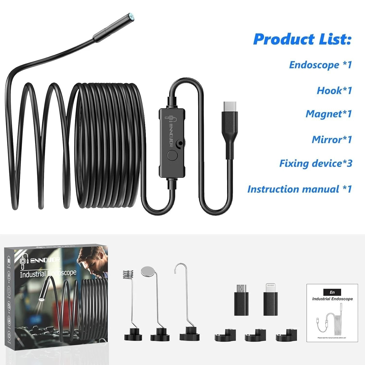 1920P 5M Endoscope Camera with Light,HD Borescope Camera for iOS Android,8 LED,i