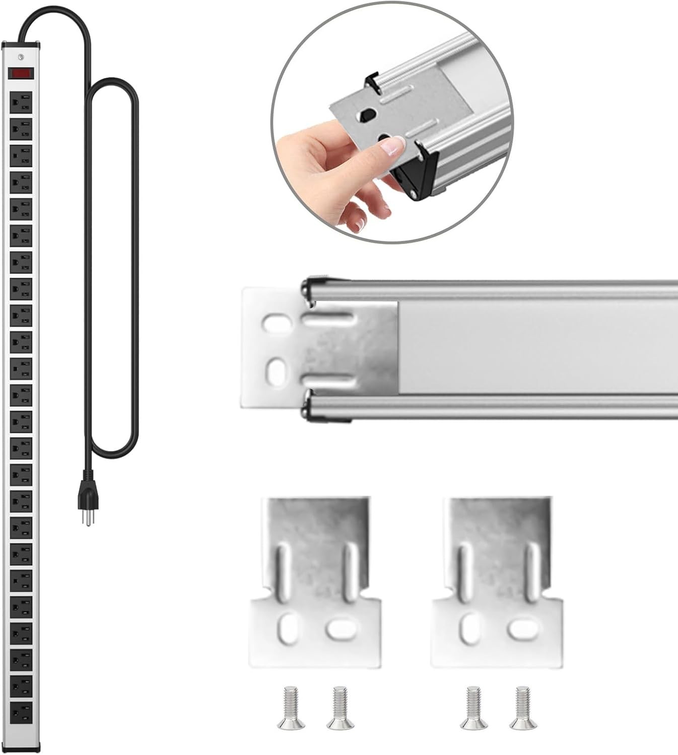24 Outlets Extra Long Power Strip,Heavy Duty Metal Socket Silver & Black