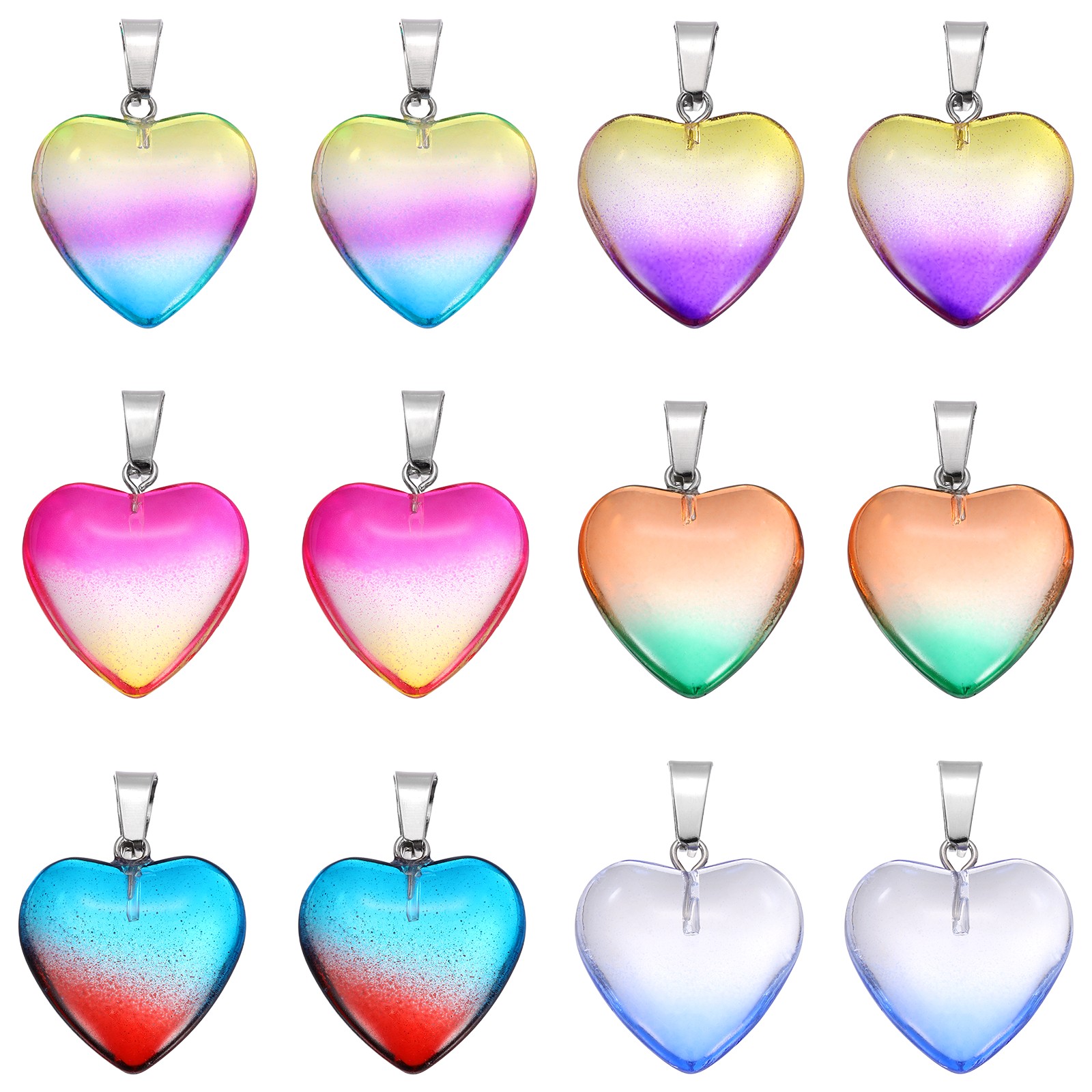 12 Pcs Heart Charms, Mixed Color Valentine Love Pendant Heart Glass Beads Charm