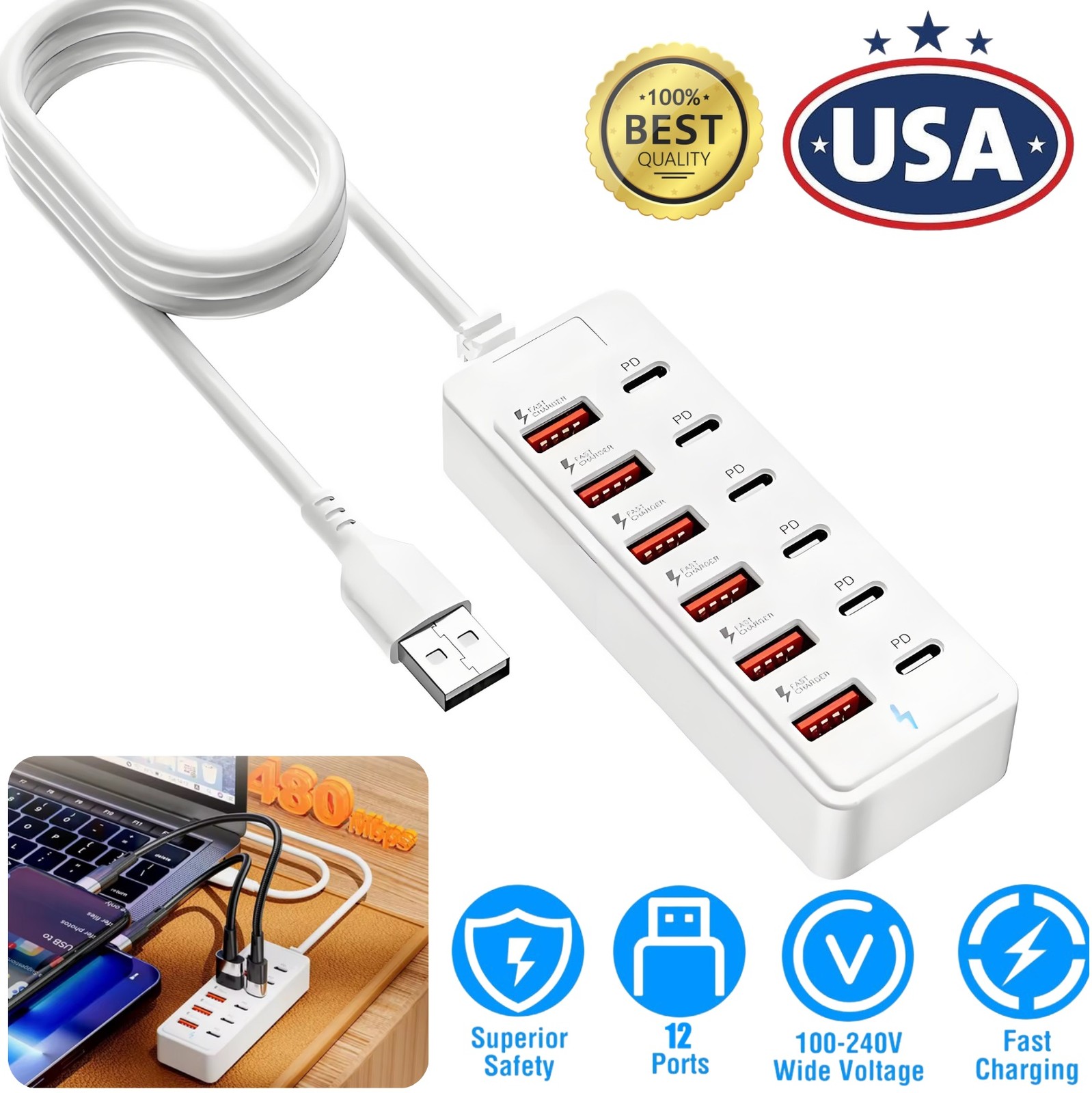12-in-1 USB Splitter Socket 6USB+6PD Fast Charging Power Strip Multiple Charger