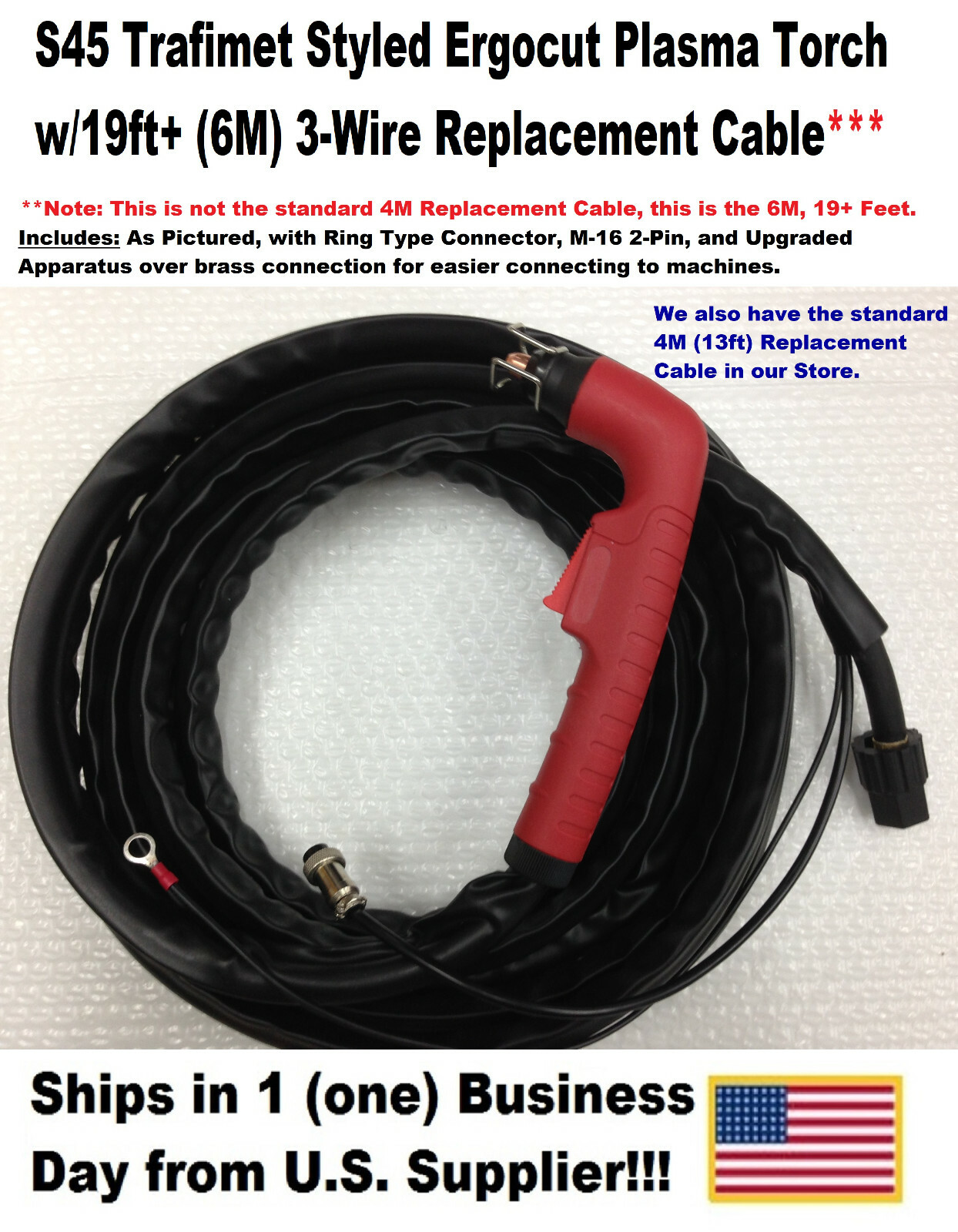 S45 Trafimet Styled Ergocut Plasma Torch  w/19ft+(6M) 3-Wire Replacement Cable