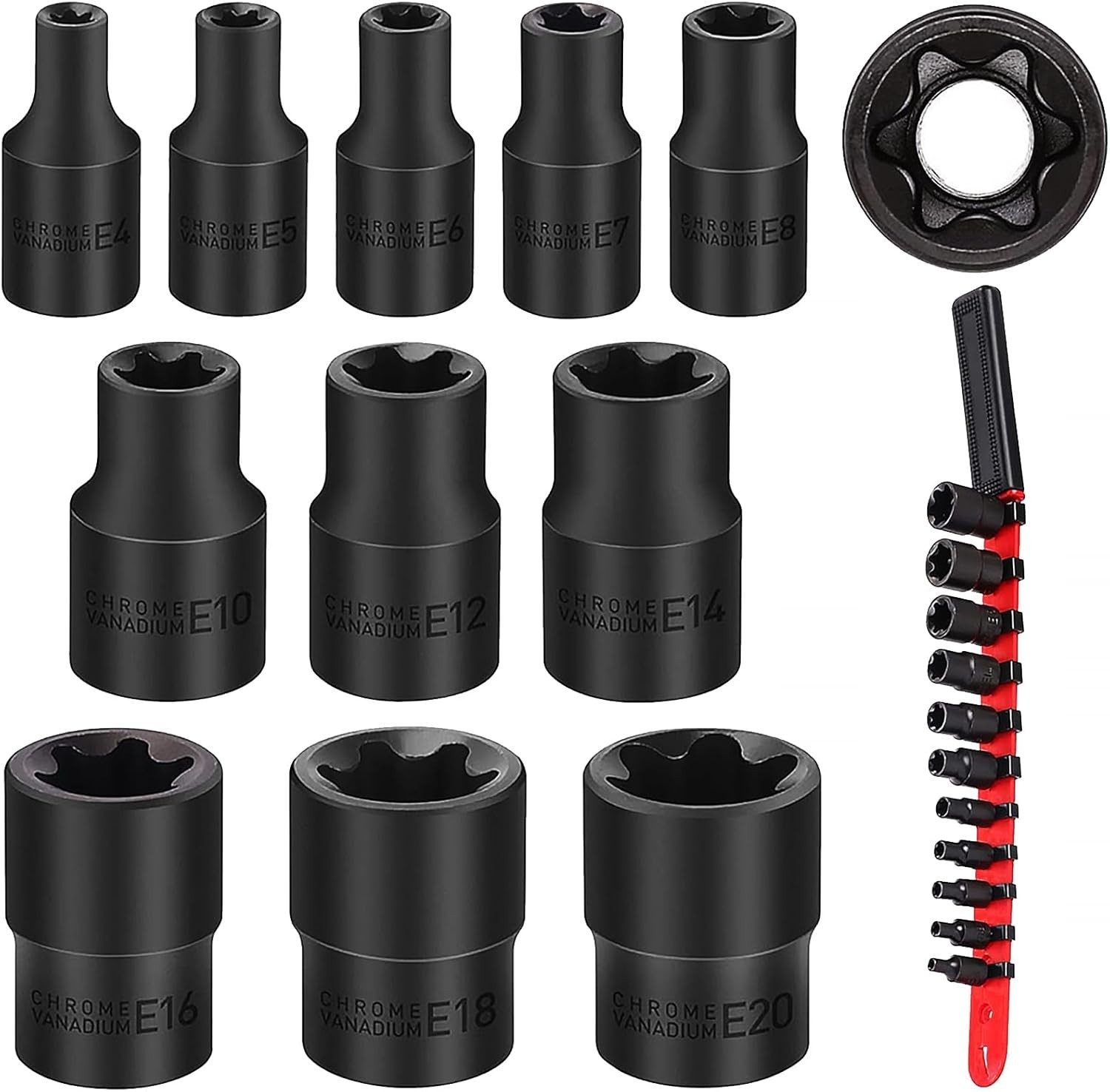 11-Piece E-Torx Socket Set E4 E5 E6 E7 E8 E10 E12 E14 E16 E18 E20, Black