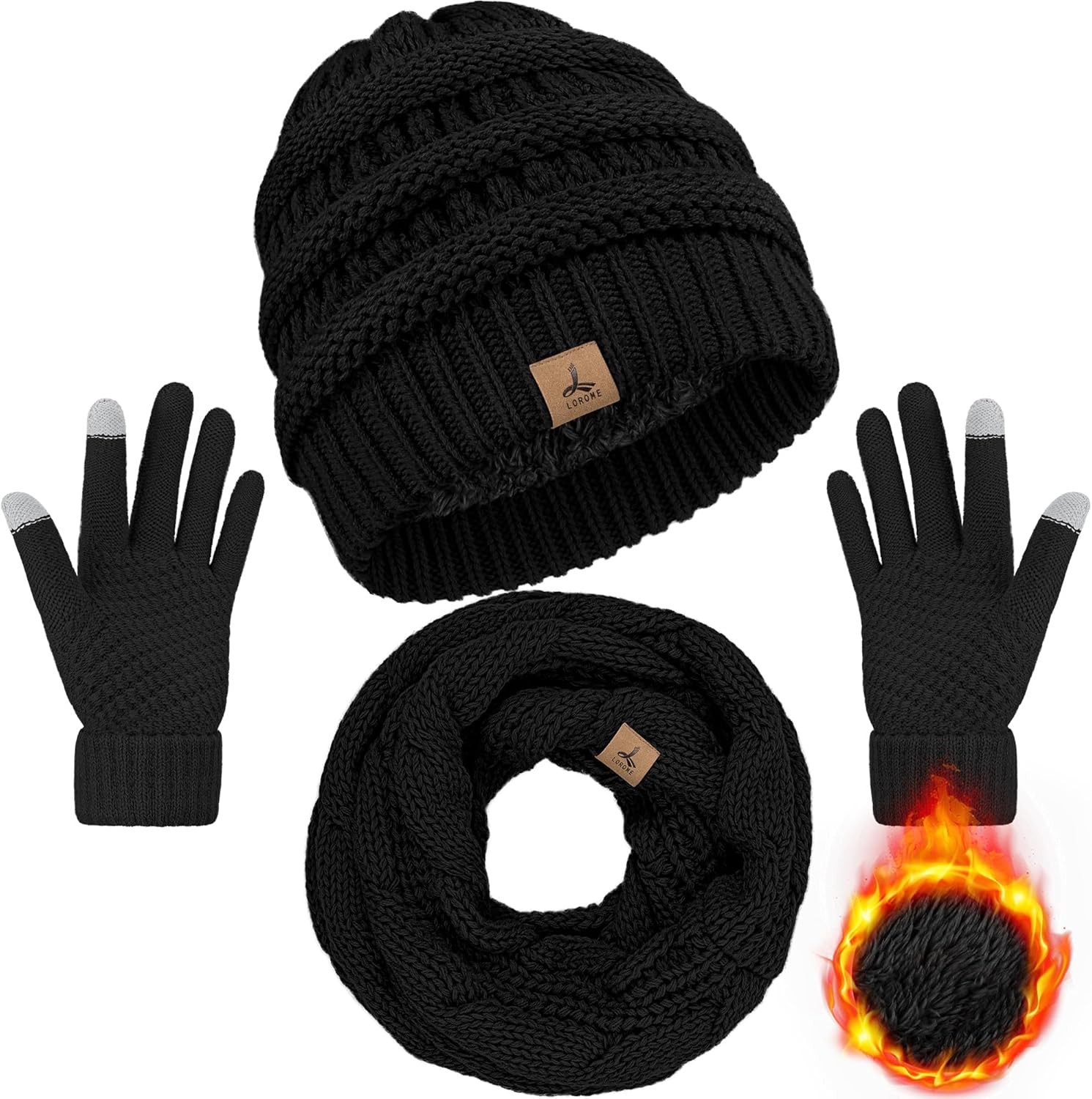 Winter Beanie Hat Scarf Gloves, Warm Fleece Knit Hats Touch Screen Gloves Neck S