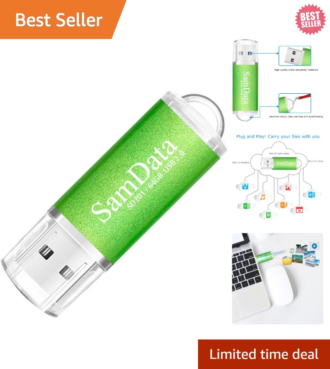 Portable 64GB USB 2.0 Flash Drive in Green - Reliable Data Storage Solution