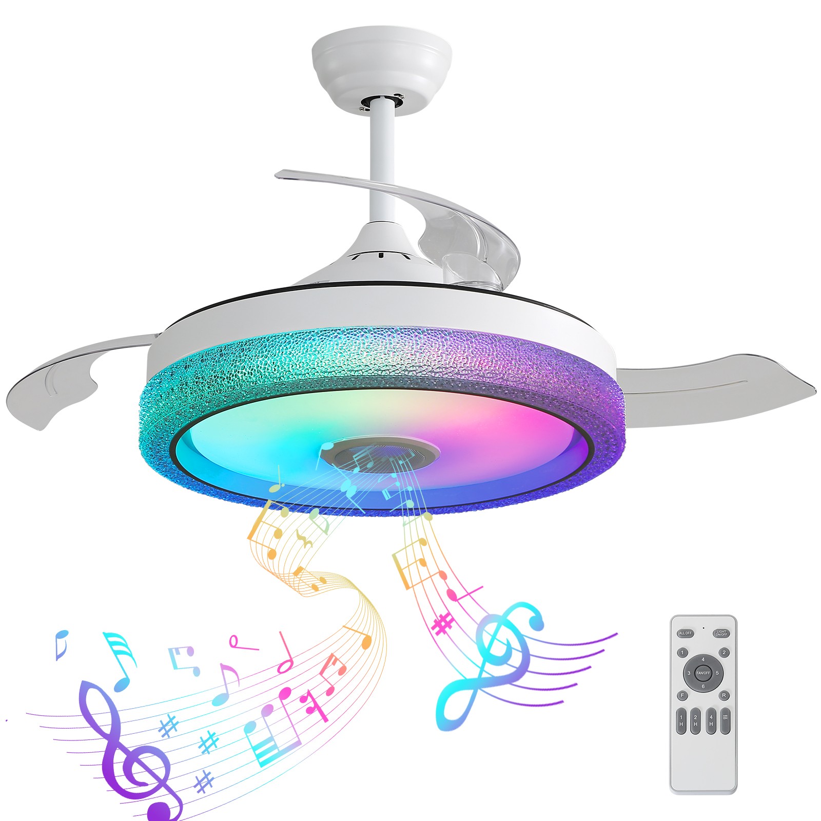 42'' Retractable Invisible Blades Ceiling Fan. Bluetooth Music Player Chandelier