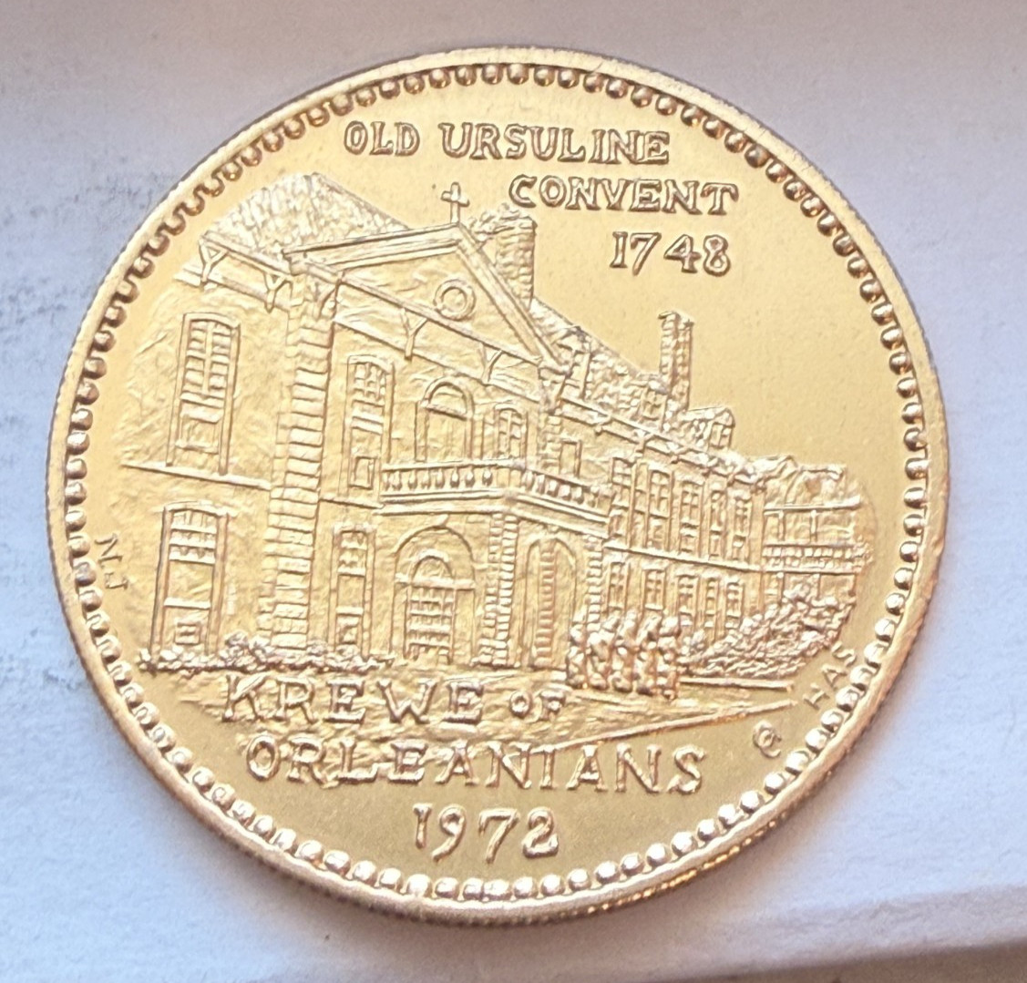 Krewe of Orleanians Gold Aluminum 1972 Doubloon, Old Ursuline Convent (1D)