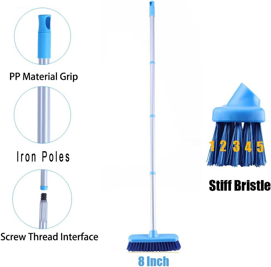 Deck Brush with Long Handle - Floor Scrub Brushes for Cleaning Shower, Blue