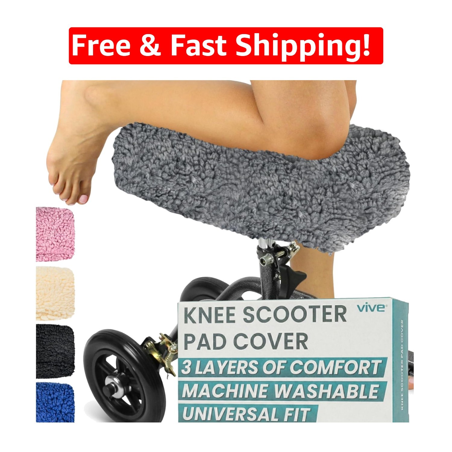 Universal Knee Scooter Pad Cover - Soft Sheepskin with Non-Slip Design in Gray
