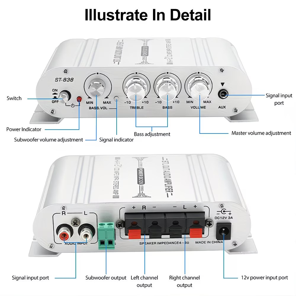 12V 400 Watt 2.1Channel Car Audio Stereo Amplifier Speaker Power Class A/ B Amp