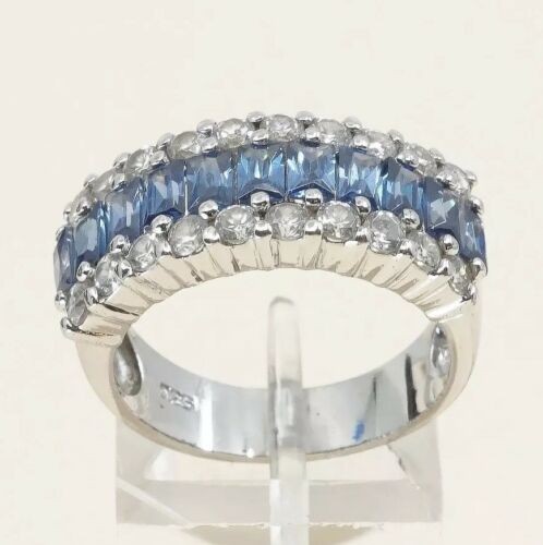 Sz 8, Vtg Sterling silver ring, 925 silver statement band w/ Blue N Clear Cz