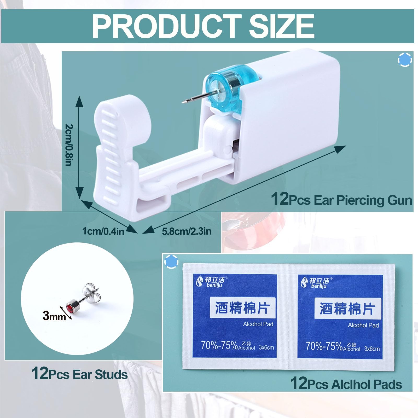 12PCS Ear Piercing Kit, Disposable Self Ear Piercing Gun Kit with Ear Studs a...
